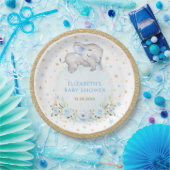 パウダーブルー金ゴールドバラゾウ男の赤ちゃんシャワー ペーパープレート (パーティー)