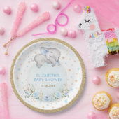 パウダーブルー金ゴールドバラゾウ男の赤ちゃんシャワー ペーパープレート (パーティー)