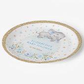 パウダーブルー金ゴールドバラゾウ男の赤ちゃんシャワー ペーパープレート (アングル)