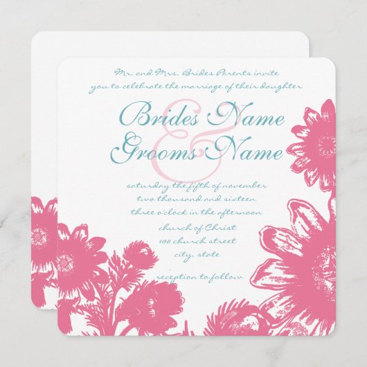 パウダーブルー&ピンクヴィンテージフローラ結婚式の招待 招待状 (正面/裏面)