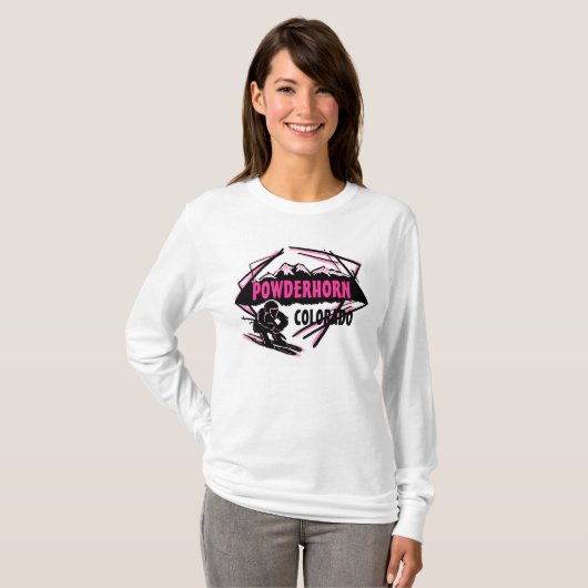 パウダーホルンコロラドピンクスキーロゴレディースフード付きスウェットシャツ Tシャツ (正面フル)