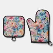 パエレガントステル水色彩の鮮やか色花 鍋つかみ&鍋敷きセット (正面)