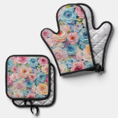 パエレガントステル水色彩の鮮やか色花 鍋つかみ&鍋敷きセット (正面/裏面)