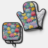 パエレガントステル水色彩の鮮やか色花 鍋つかみ&鍋敷きセット (正面/裏面)