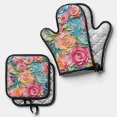 パエレガントステル水色彩の鮮やか色花 鍋つかみ&鍋敷きセット (正面/裏面)