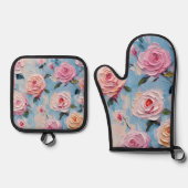 パエレガントステル水色彩の鮮やか色花 鍋つかみ&鍋敷きセット (正面)