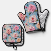 パエレガントステル水色彩の鮮やか色花 鍋つかみ&鍋敷きセット (正面/裏面)