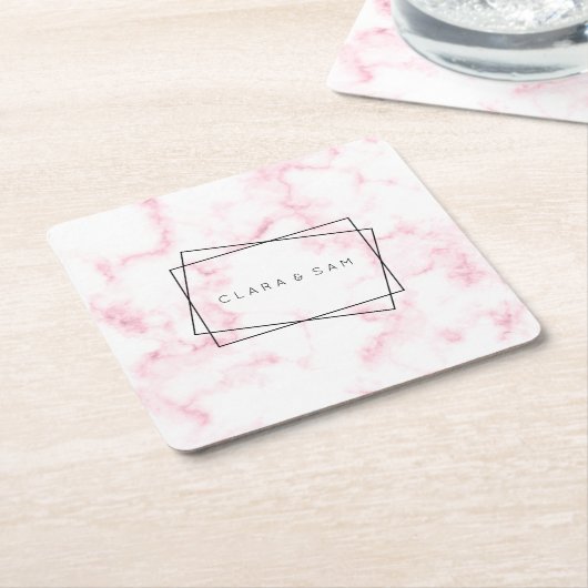 パエレガントスモダンテルピンクと白フェイク大理石 スクエアペーパーコースター (アングル)