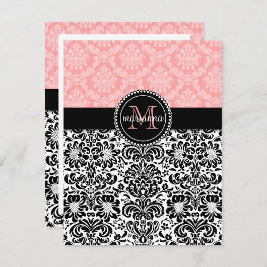 パエレガントリベビーピンクブラックダマスパーソナライズされたク ノートカード (正面/裏面)