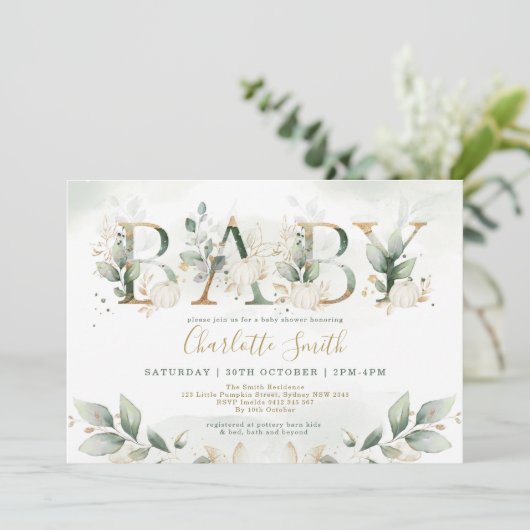 パエレガントンプキン・ベビー・シャワー・リーフィー・グリーン金ゴールド 招待状 (スタンド正面)