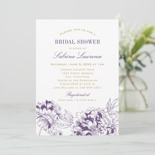 パエレガントープル金ゴールド結婚牡丹ブライダルシャワー 招待状 (スタンド正面)