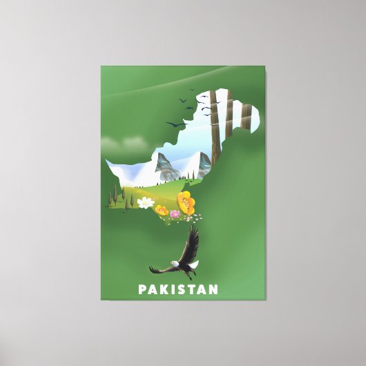 パキスタンのイラスト入りの旅行地図 キャンバスプリント (正面)