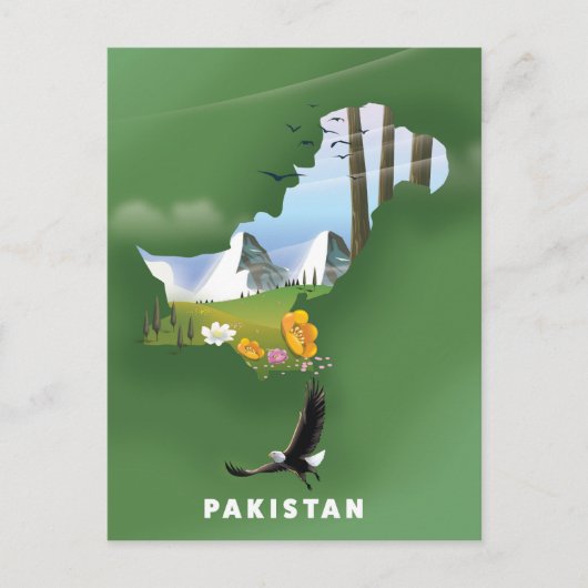 パキスタンのイラスト入りの旅行地図 ポストカード (正面)