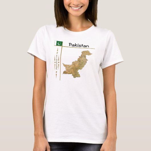 パキスタンの地図と国旗とタイトルTシャツ Tシャツ (正面)