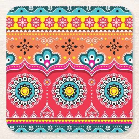 パキスタントラックカラフルアート: スクエアペーパーコースター (正面)