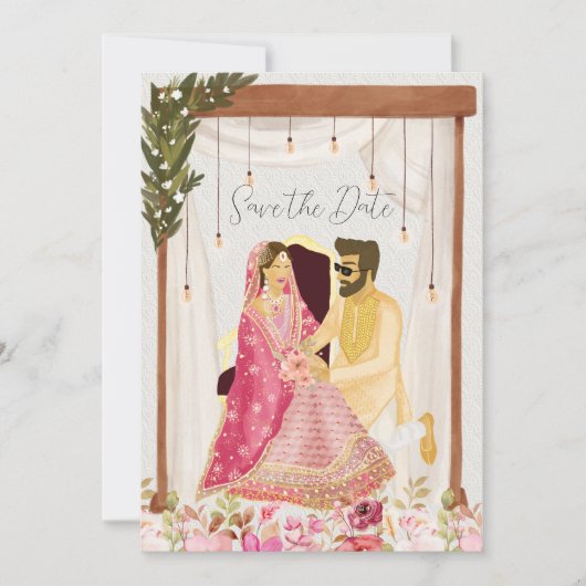パキ結婚スタン夫婦イラストレーション セーブザデート (正面)