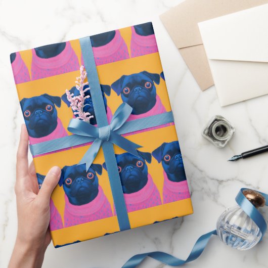 パグおもしろいオレンジとピンク ラッピングペーパー (ギフト)