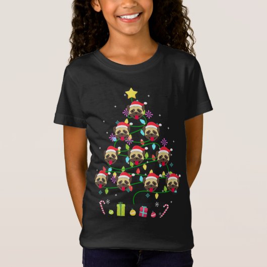 パグおもしろいクリスマスツリーカラーLedライト Tシャツ (正面)