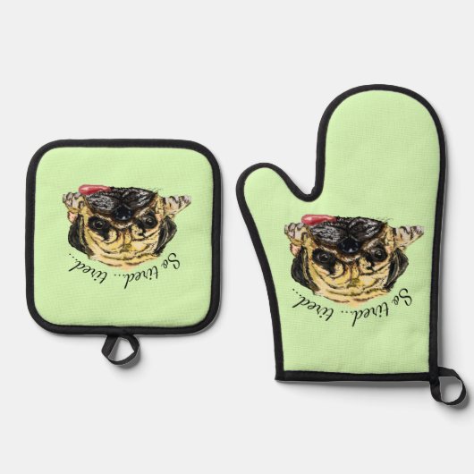 パグおもしろいドッグとカスタム文字 鍋つかみ&鍋敷きセット (正面)