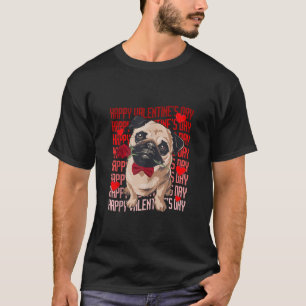 パグおもしろいドッグと赤いハートハッピーバレンタインデー Tシャツ