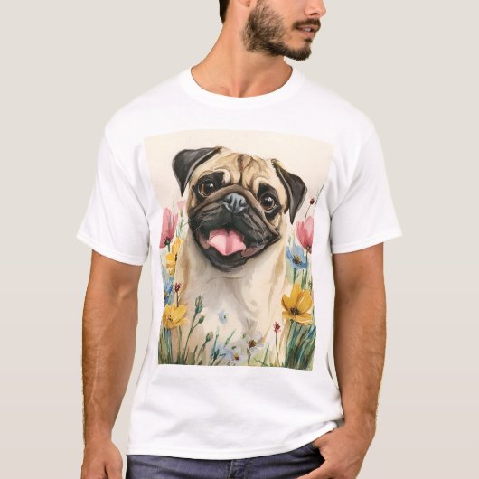 パグお父さんTシャツ – 水彩画 Tシャツ (正面)