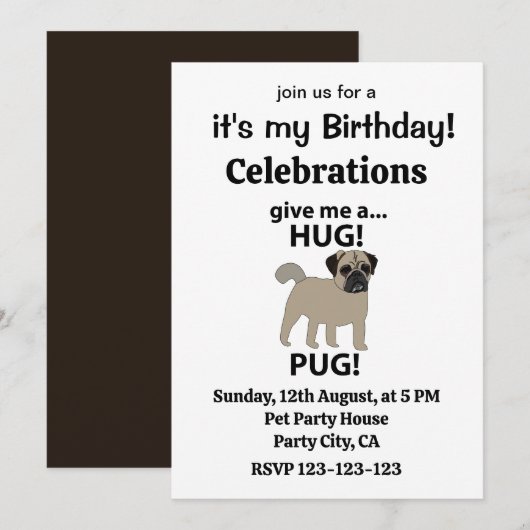 パグがハグして パグの誕生日 招待状 (正面/裏面)