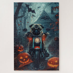 パグがバイクに乗るハロウィーンの怖いデザイン ジグソーパズル