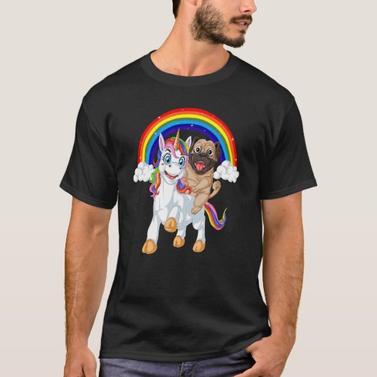 パグが乗ったユニコーン 虹色宇宙 少年の虹 Tシャツ (正面)