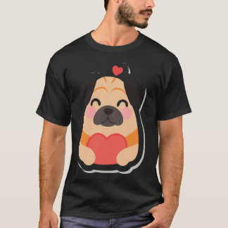パグが赤いハートを持つキャラクターイラスト Tシャツ