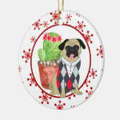 パグとサボテン赤スノーフレークテンプレート セラミックオーナメント (左)