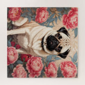 パグと牡丹の花ウィリアム・モリスインスパイア ジグソーパズル (横)