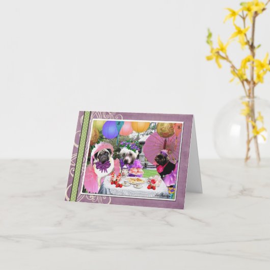 パグのお茶会 カード (黄色い花)