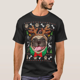 パグのクリスマスのトナカイのツリーヤギのツ角 イヌ クリスマスの女の子 Tシャツ