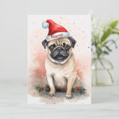 パグのクリスマス水彩画 ポインセチアとともに シーズンカード (スタンド正面)