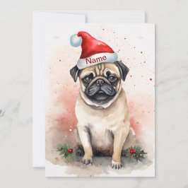 パグのクリスマス水彩画　ポインセチアとともに シーズンカード
