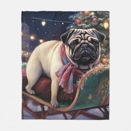パグのクリスマス フリースブランケット (正面)
