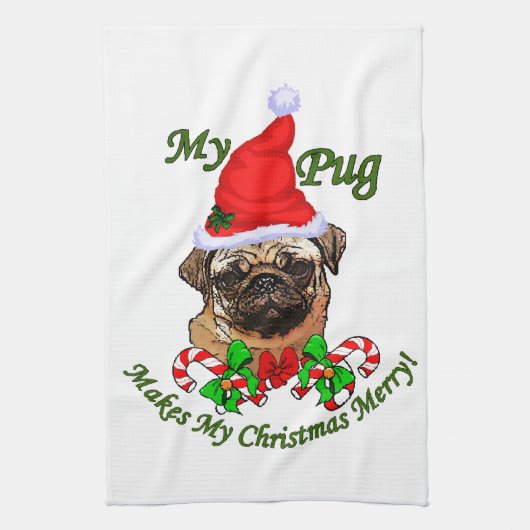 パグのクリスマス　楽しいクリスマス キッチンタオル (縦)