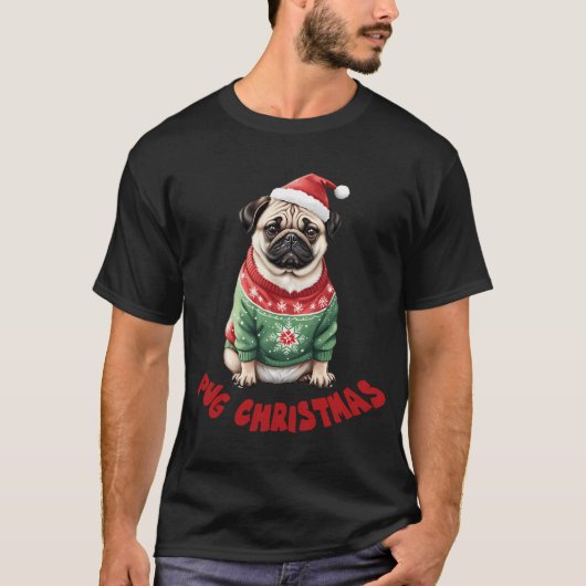 パグのクリスマス Tシャツ (正面)
