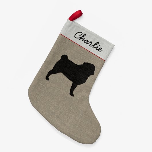 パグのシルエットパーソナライズでかわいい犬の休日のクリスマス スモールクリスマスストッキング (正面 (吊り時))