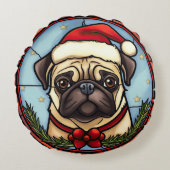 パグのステンドグラスのクリスマス ラウンドクッション (正面)