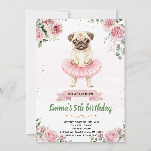 パグのバレリーナの誕生日招待状 招待状 (正面)