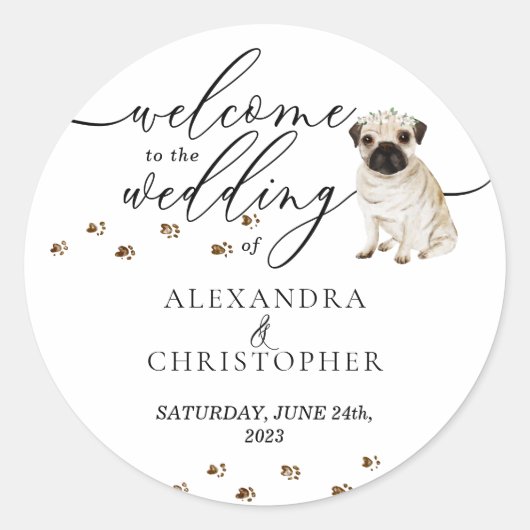パグの仔犬の結婚式のウェルカム ラウンドシール (正面)