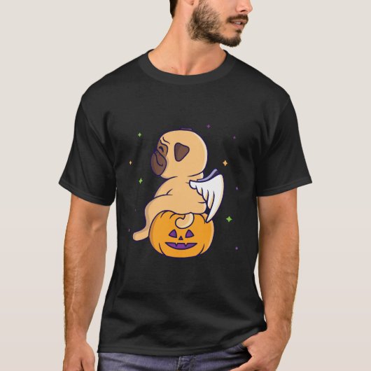 パグの天使がカボチャの上に座って830 Tシャツ (正面)