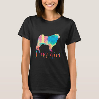 パグの女の子 新しい花柄 パグ好きのための絵 Tシャツ