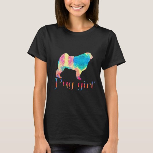 パグの女の子 新しい花柄 パグ好きのための絵 Tシャツ (正面)