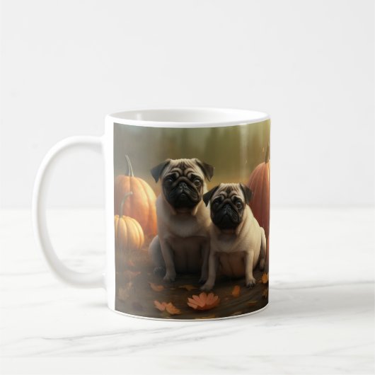 パグの子犬の秋の喜びのかぼちゃ コーヒーマグカップ (左)