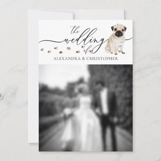 パグの子犬の結婚式の写真 招待状 (正面)