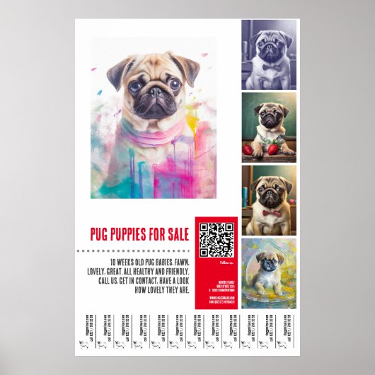 パグの子犬の販売ポスター テンプレート ポスター (正面)