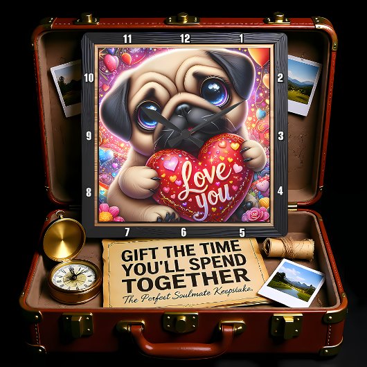 パグの子犬 愛してる ハート スクエア壁時計