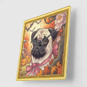 パグの家、ハロウィンアートヌオーヴォ、額縁付き時計 スクエア壁時計 (傾斜)